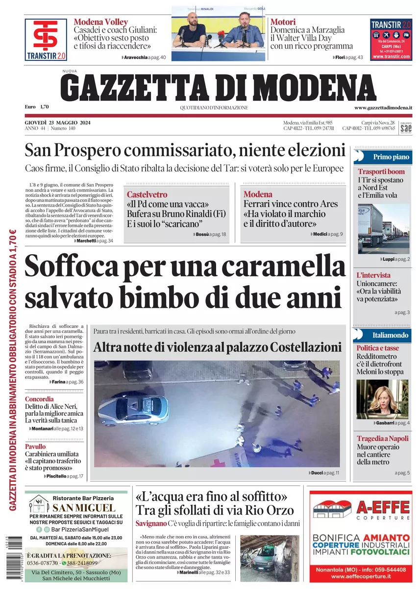 Prima-pagina-gazzetta di modena-oggi-edizione-del-2024-05-23